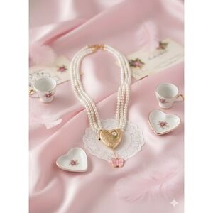 Betsey Johnson Gold Plated Faux Pearl Heart Locket Butterfly Necklace Coquette